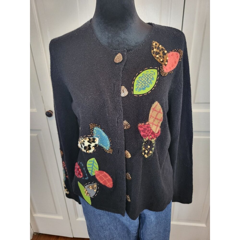 Vintage Y2K Susan Bristol Beaded Animal Print Cardigan M Artsy Boho Avant Garde